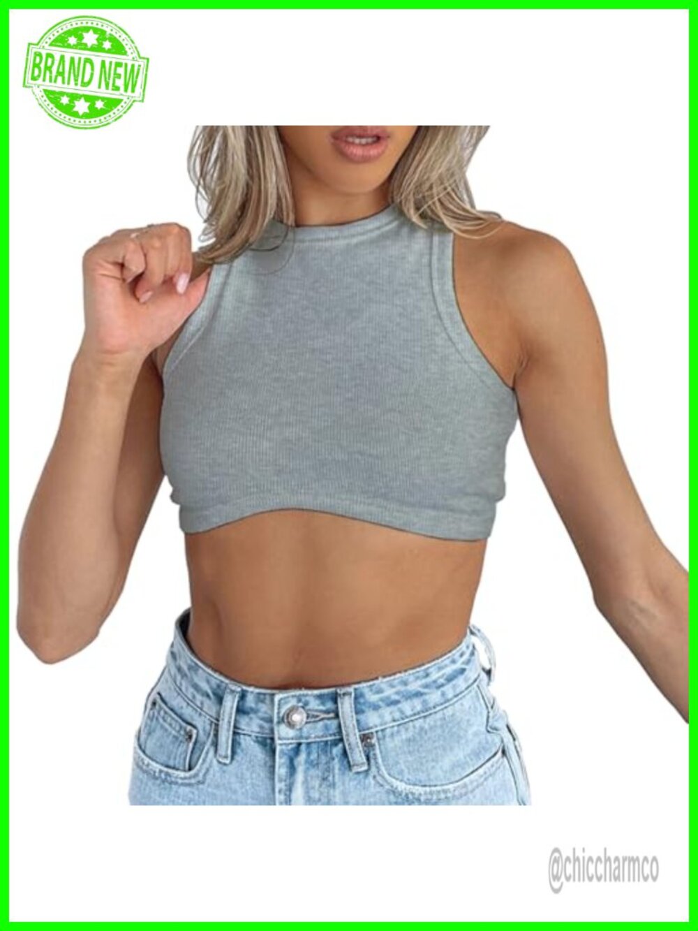 Ribbed Knit Sleeveless Crew Neck Racerback Cropped Tank Top